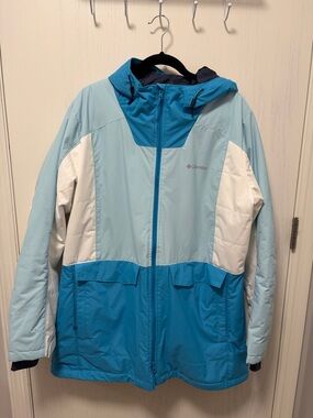 Columbia Light Blue, Aqua and White Colorblock Hooded Jacket